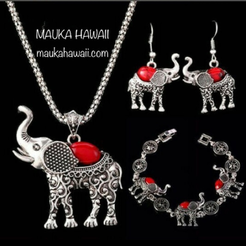 Elephant Jewelry Set Necklace Earrings Bracelet Rustic Artisan BOHO Punk New!